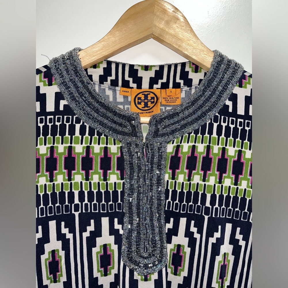 Tory Burch Silk Beaded Geometric Tunic Blouse Women’s Size Small - Picture 3 of 7